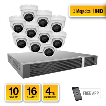 2-Megapixel HD-TVI Security System – 10 x IR Turret Cameras, 16-Channel Hybrid Recorder, pre-installed 4TB Hard Drive