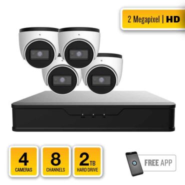 4 Camera 2MP IR Turret HD-TVI System with 8 Channel Hybrid Video Recorder and 2TB Hard Drive