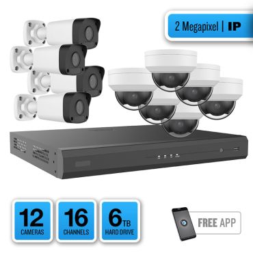 12 Camera 2MP Dome/Bullet IP System with 16 Channel NVR and 6TB Hard Drive