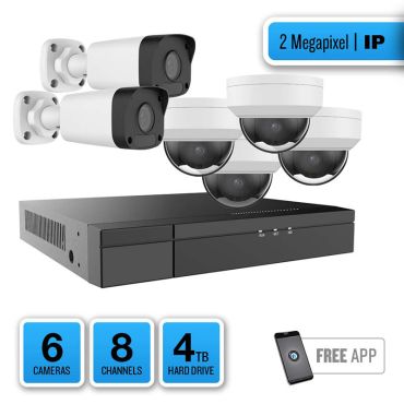 6 Camera 2MP Dome/Bullet IP System with 8 Channel NVR and 4TB Hard Drive